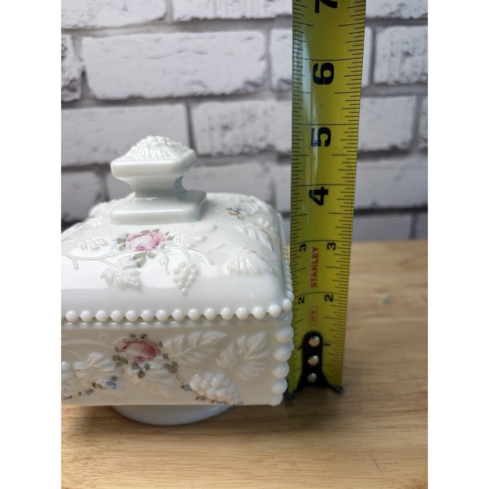 Westmoreland Milk Glass Candy Dish Lidded Paneled Grape Painted Flowers Footed - Picture 12 of 13